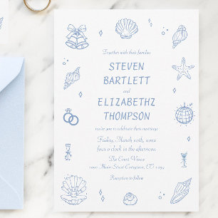 Dusty Blue Hand Drawn Coastal Wedding Invitation