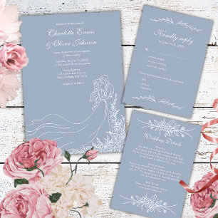Dusty Blue  Hand Drawn Couple Rustic Wedding  Invitation