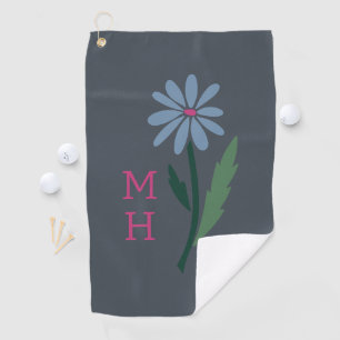 Dusty Blue Hand Drawn Daisy Monogram Dark Gray Golf Towel
