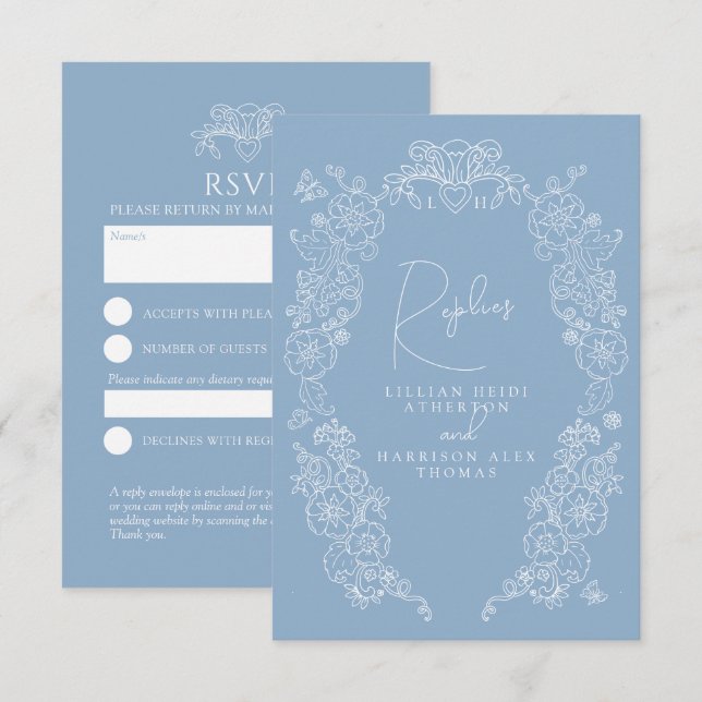 Dusty blue hand drawn leaf monogram RSVP wedding Card (Front/Back)