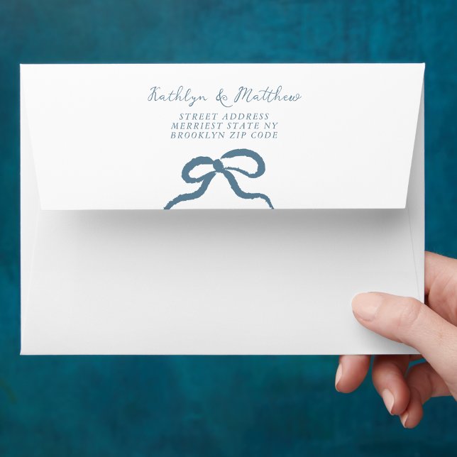 Dusty Blue Hand Drawn Ribbon Doodle Modern Wedding Envelope (Creator Uploaded)