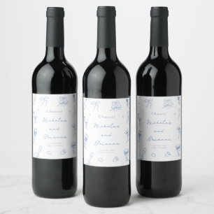 Dusty Blue Hand Drawn Wedding Wine Label