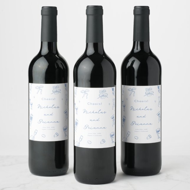 Dusty Blue Hand Drawn Wedding Wine Label (Bottles)