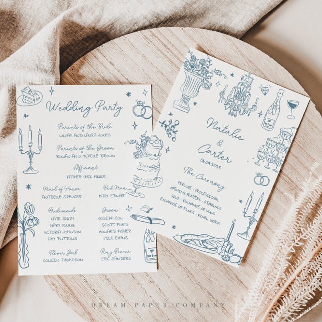 Dusty Blue Hand Drawn Whimsical Wedding Program (Creator Uploaded)