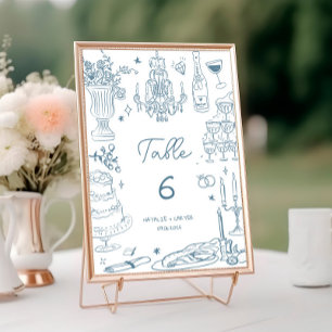 Dusty Blue Hand Drawn Whimsical Wedding Table Number