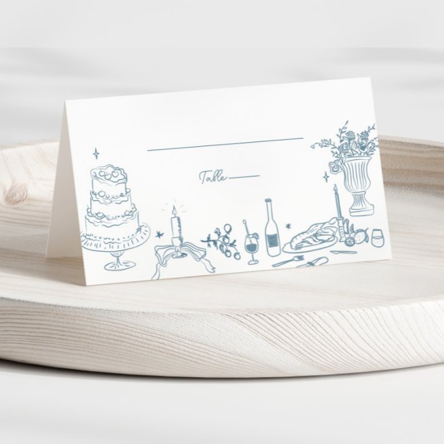Dusty Blue Hand Drawn Whimsical Wedding Thank You Place Card (Creator Uploaded)