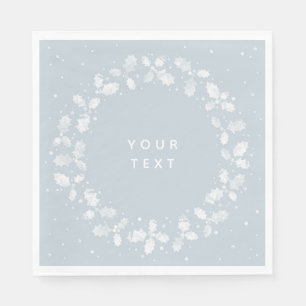 Dusty Blue Hand Printed Holly Wreath Christmas Napkin