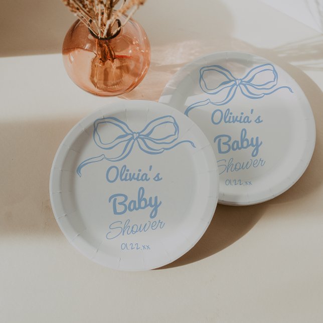 Dusty Blue Hand Written Drawn Bow Baby Boy Shower  Paper Plate (Creator Uploaded)