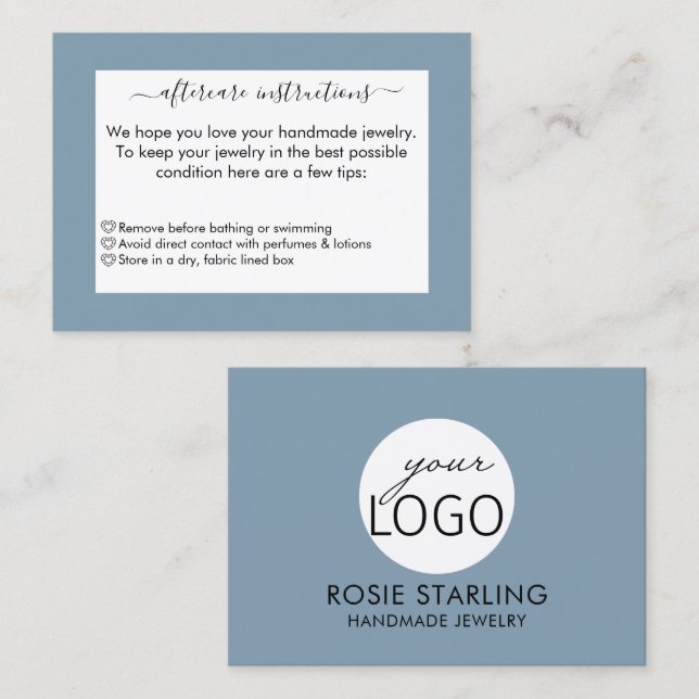 Dusty Blue Handmade Jewellery Business Aftercare Business Card (Front/Back)