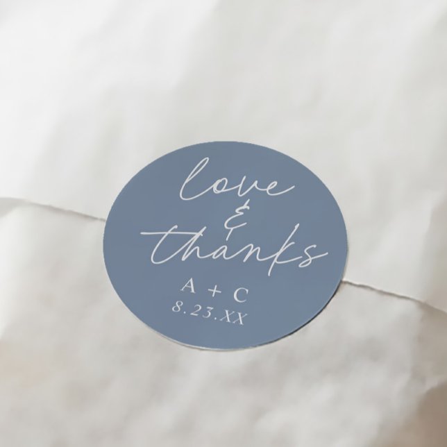 Dusty Blue Handwriting Thank You Wedding Favor Classic Round Sticker (Elegant dusty blue handwriting  wedding thank you favor stickers)