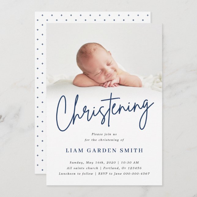 Dusty Blue Handwritten Script Christening Boy Invitation (Front/Back)