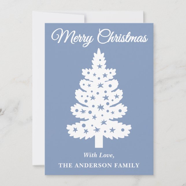 Dusty Blue Handwritten Script Christmas Tree Holiday Card (Front)