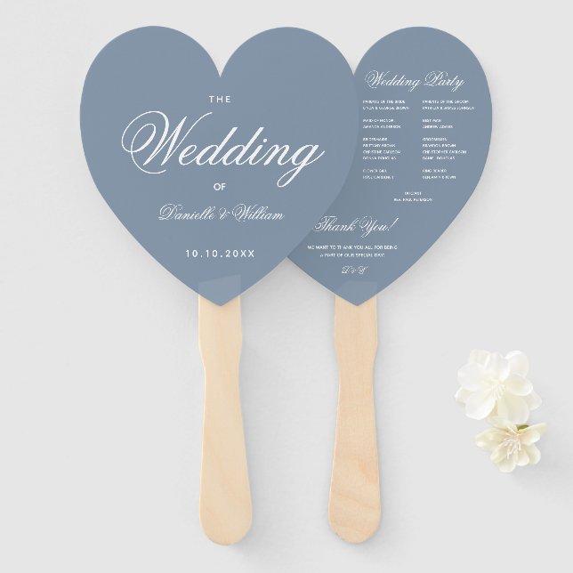 Dusty Blue Heart Elegant Script Wedding Program Hand Fan (Front and Back)