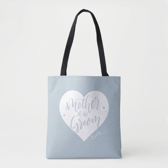 Dusty blue heart & script mother of the groom tote bag (Front)