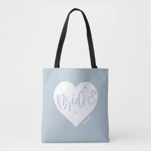 Dusty blue heart & script personalised bridesmaid tote bag