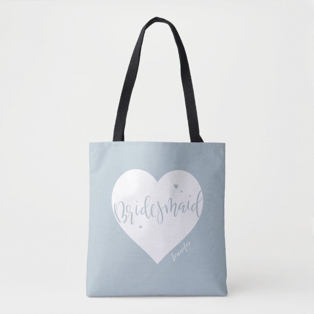 Dusty blue heart & script personalised bridesmaid  tote bag (Front)