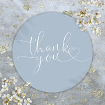 Dusty Blue Heart Script Thank You Classic Round Sticker<br><div class="desc">Elegant dusty blue heart script thank you sticker,  perfect for all occasions. Designed by Thisisnotme©</div>