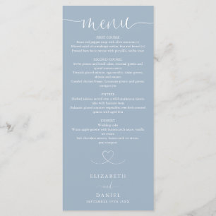Dusty Blue Heart Script Wedding Dinner Menu