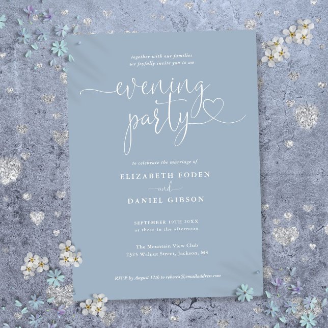 Dusty Blue Heart Script Wedding Evening Party Invitation (Dusty Blue Heart Script Wedding Evening Party Invitation)
