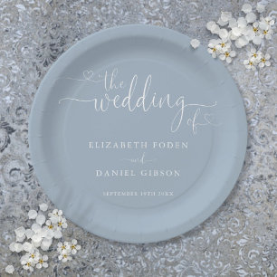 Dusty Blue Heart Script Wedding Paper Plate