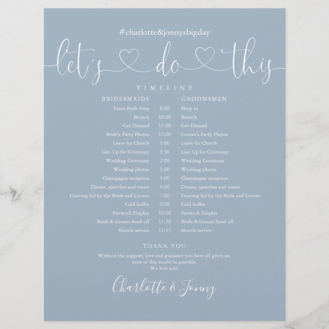 Dusty Blue Heart Script Wedding Schedule Timeline (Front)