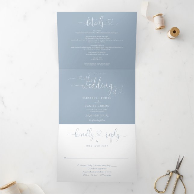 Dusty Blue Heart Script Wedding Tri-Fold Invitation (Inside)