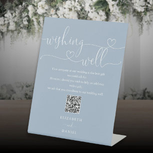 Dusty Blue Heart Script Wishing Well QR Code Pedestal Sign