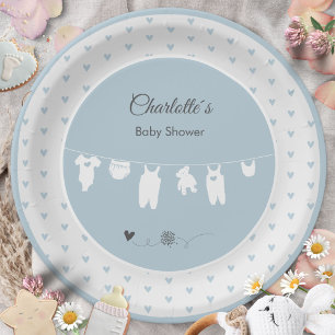 Dusty Blue Hearts Boho Baby Boy Shower Paper Plate
