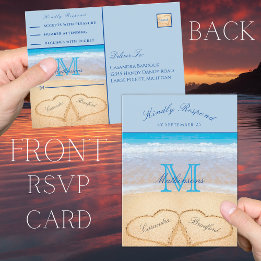 Dusty Blue hearts in the sand Beach Wedding Postcard