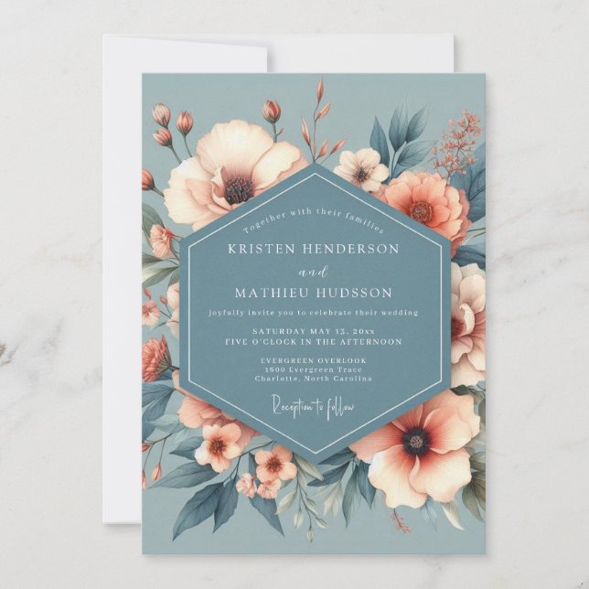 Dusty Blue Heirloom Bloom Wedding Invitation (Front)