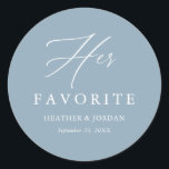 Dusty Blue Her Favourite Wedding Treat Box Classic Round Sticker<br><div class="desc">Dusty Blue Her Favourite Wedding Treat Box</div>