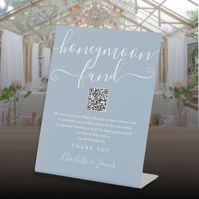Dusty Blue Honeymoon Fund QR Code Pedestal Sign (Dusty Blue Honeymoon Fund QR Code Pedestal Sign)