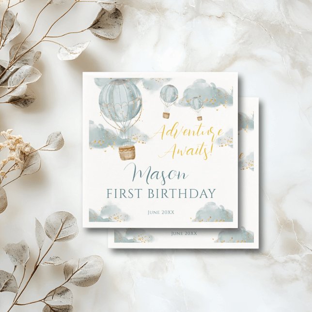 Dusty Blue Hot Air Balloon Theme Birthday Boy Napkin (Creator Uploaded)
