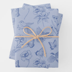 Dusty Blue Hummingbird & Butterfly Floral Wrapping Paper Sheet