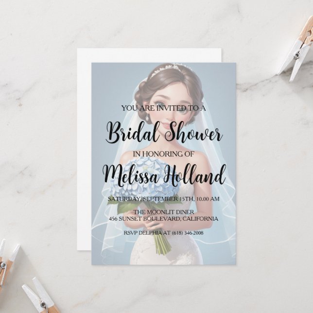 dusty blue hydrangea bridal shower invitations (Front/Back In Situ)