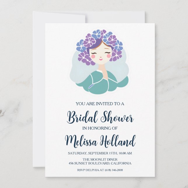 dusty blue hydrangea bridal shower invitations (Front)