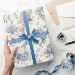 Dusty Blue Hydrangea Cream White Rose Floral Wrapping Paper