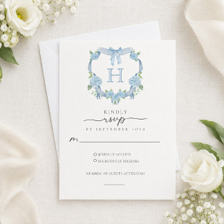Dusty Blue Hydrangea Crest Monogram Wedding RSVP Card