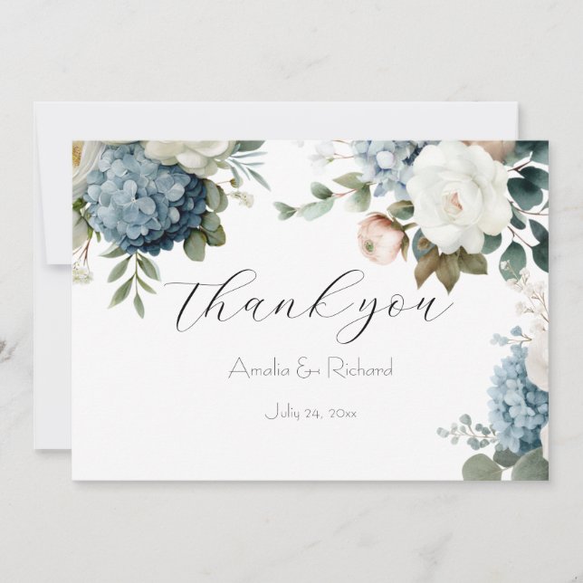Dusty Blue Hydrangea Flora Wedding Thank You Card  (Front)