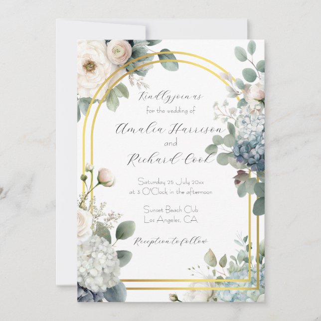 Dusty Blue Hydrangea Floral Customisable Wedding  Invitation (Front)