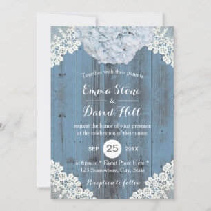 Dusty Blue Hydrangea Floral Lace Barn Wood Wedding Invitation