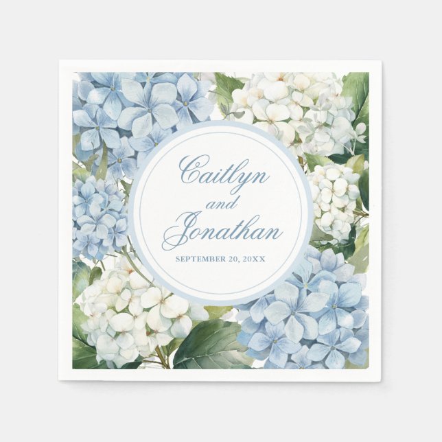 Dusty Blue Hydrangea Floral Wedding Crest Napkin (Front)