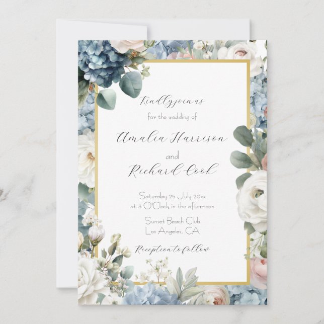 Dusty Blue Hydrangea Floral Wedding  Invitation (Front)