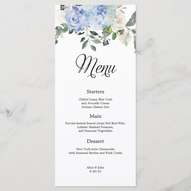 Dusty Blue Hydrangea Floral Wedding Menu (Front)