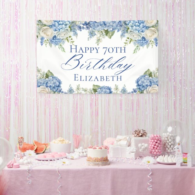 Dusty Blue Hydrangea Flowers Roses Happy Birthday Banner (Party)