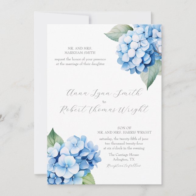 Dusty Blue Hydrangea Watercolor Wedding Invitation (Front)