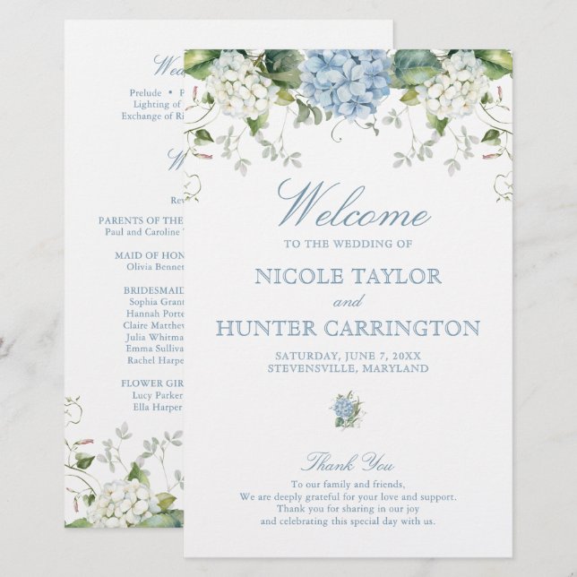 Dusty Blue Hydrangea Wedding Ceremony Program (Front/Back)
