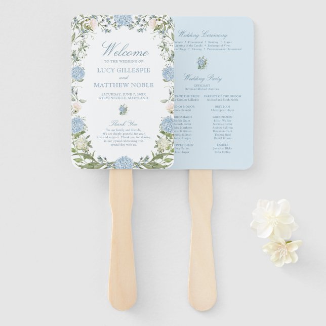 Dusty Blue Hydrangea Wedding Ceremony Program Hand Fan (Front and Back)