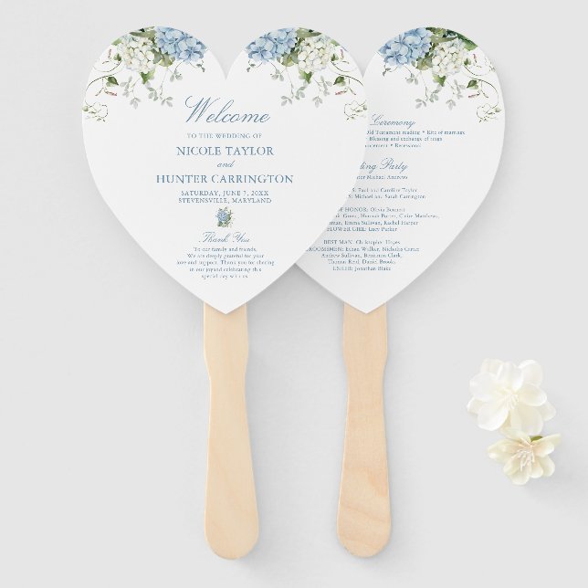 Dusty Blue Hydrangea Wedding Ceremony Program Hand Fan (Front and Back)