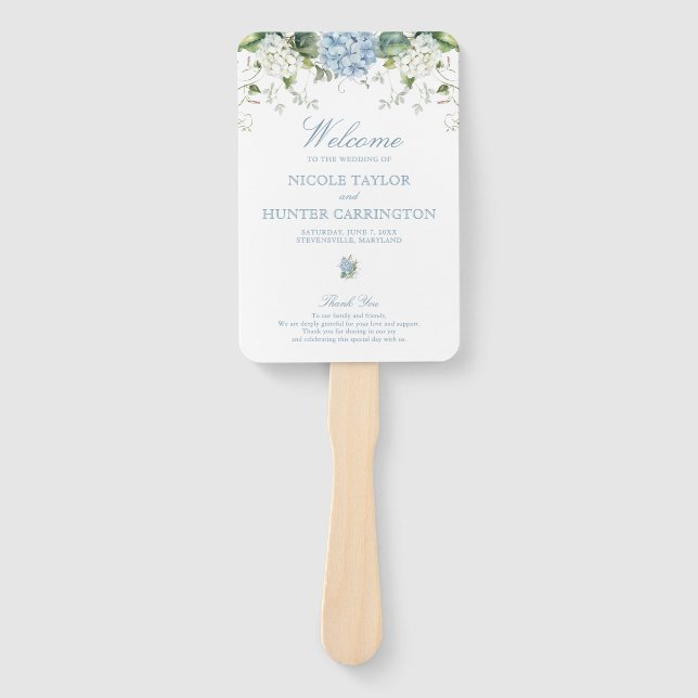 Dusty Blue Hydrangea Wedding Ceremony Program Hand Fan (Front)